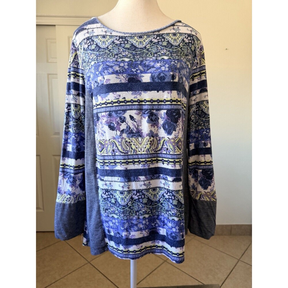 Zenergy by Chico's Large 2 Blue Purple Boho Print Tunic Top Long Sleeve - Picture 2 of 15